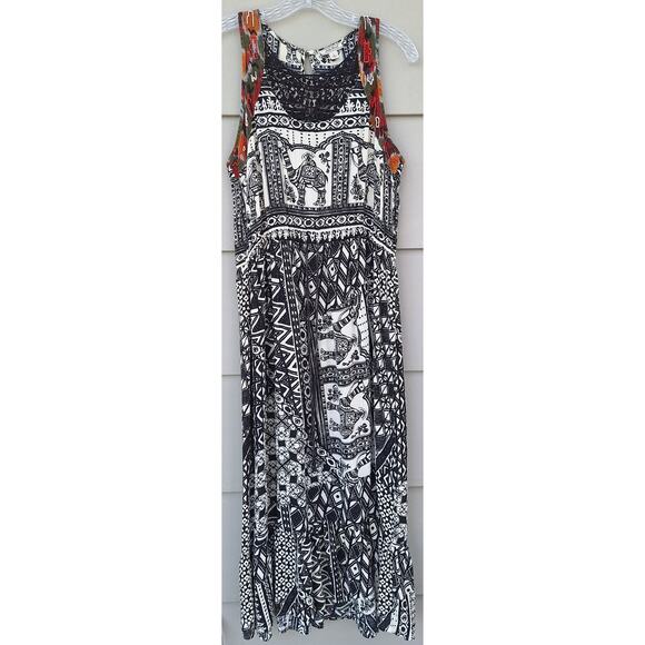 Lucky Brand Bohemian Crochet Embellished Ruffle Maxi Dress Black Cream L India - Picture 1 of 10